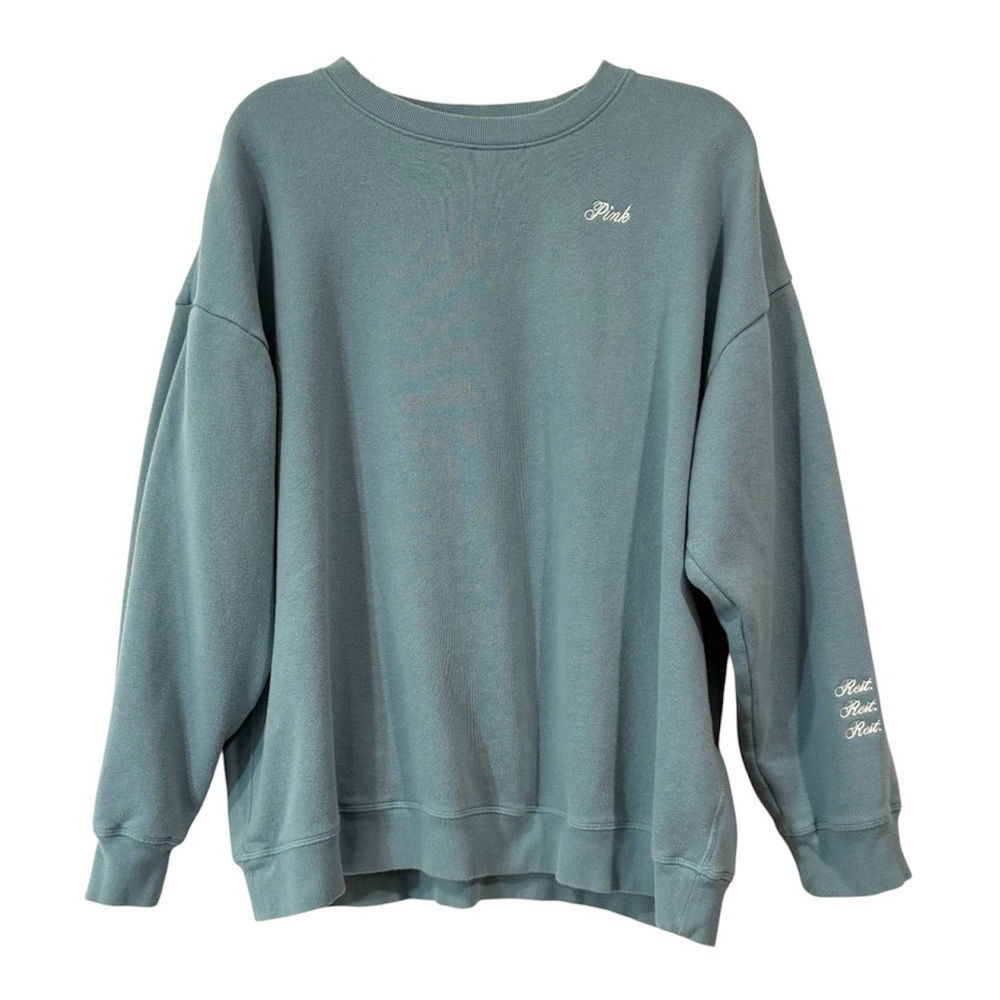 PINK Victoria’s Secret Oversize Crewneck Sweatshirt Blue Teal XL Fleece Pullover - Picture 2 of 8